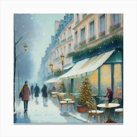 Paris cafes, winter season, Christmas, pale colors, pedestrians in the street, winter clothes, falling snow.14 1 Canvas Print