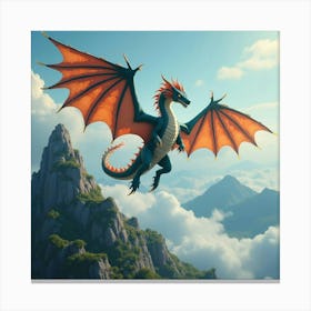 Dragon With Shimmering Scales Flying Over A Mountain 1 Canvas Print