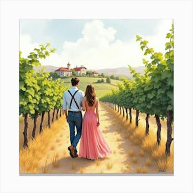 Romantic Watercolor Scene Of An Italian Couple At A Vineyard During Harvest Canvas Print