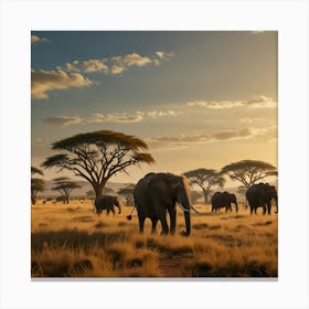 A Sunlit Savanna With Acacia Trees, Golden Grasslands, And A Herd Of Elephants 2 Canvas Print