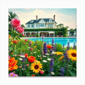 Colorful Flowers In Front Of A House Canvas Print