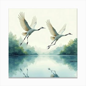 Graceful Cranes Taking Flight Over A Tranquil Lake, Captured In Flowing Watercolor 1 Canvas Print