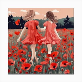 Two Girls In A Poppy Field 2 Canvas Print