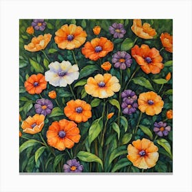 A Painting Of A Lush Green Bush Filled With Purple And Orange Flowers Canvas Print