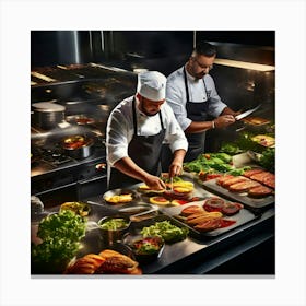 Overhead View Of A Burger Kitchen In Action Chefs Proudly Plating Gourmet Burgers Stunning Stainle 555813656 Canvas Print