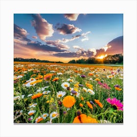 Field Of Flowers At Sunset Canvas Print