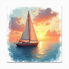 Cozy Sailboat In Watercolor Dreamy Sunset 1 Canvas Print