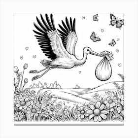 Line Art stork and baby 1 Canvas Print