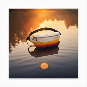 A Colorful Fanny Pack With Yellow, Red, And Blue Stripes Floats On The Surface Of A Calm Lake At Sunset, Reflecting The Sky And Trees Canvas Print