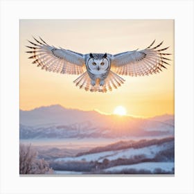 A Snow White Majestic Owl In Mid Flight Rays Of Soft Morning Light Illuminating Its Yellow Lumino Canvas Print