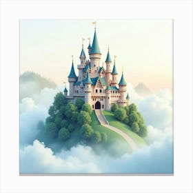 Whimsical Watercolor Castle Surrounded By Magical Fog 1 Canvas Print