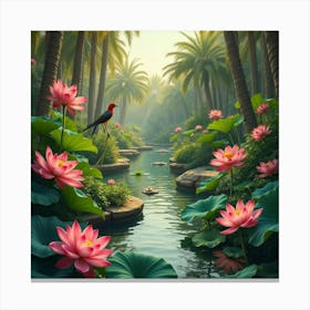 An Enchanted Egyptian Garden Filled With Lotus Flowers And Sacred Birds Canvas Print