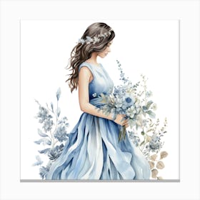 Watercolor Bride In Blue Dress Canvas Print