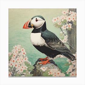 Ohara Koson Inspired Bird Painting Puffin 4 Square Canvas Print