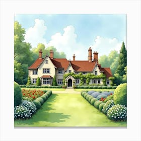 An English Countryside Manor With Lush Green Lawns And Ornamental Gardens, Watercolor 1 Canvas Print