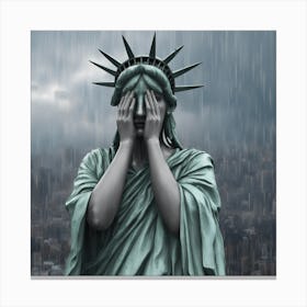 Statue Of Liberty Crying With Her Hands Covering Her Face, Raining Outside, City Background, Hyper R Canvas Print