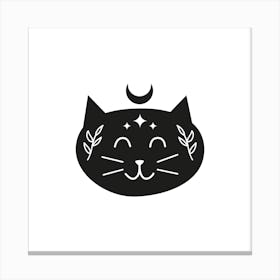 Black Boho Cat Character With Moon Leafy Branches Stars Canvas Print