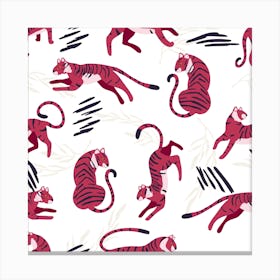 Magenta Tigers Pattern On White Square Canvas Print