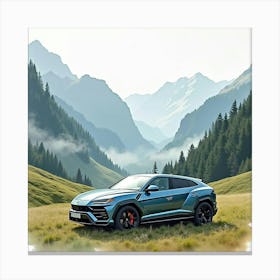 Lamborghini Urus In A Watercolor Mountain Valley With Misty Clouds 1 Canvas Print