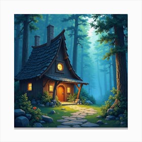 Wizards’ Workshop In A Glowing Forest, Watercolor 1 Canvas Print