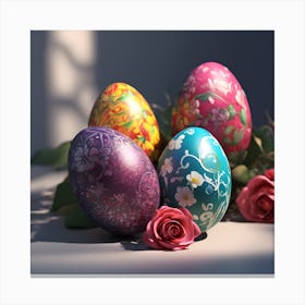 Flower Painted Easter Eggs with Miniature Roses Canvas Print