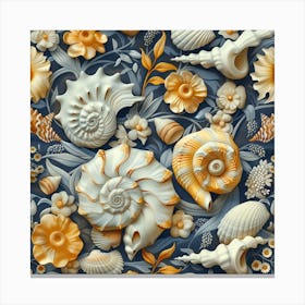 Seamless Pattern With Seashells And Flowers Canvas Print