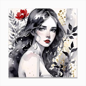 Selective Colour Portrait Of A Gorgeous Girl With Red Flower Square Format Canvas Print