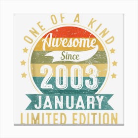 20 Years Old Awesome Since January 2003 Gifts 20th Birthday 1 Canvas Print