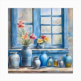 Blue wall. Open window. From inside an old-style room. Silver in the middle. There are several small pottery jars next to the window. There are flowers in the jars Spring oil colors. Wall painting.44 Canvas Print