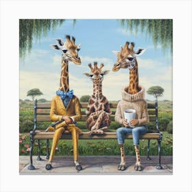 Giraffes On A Bench Canvas Print