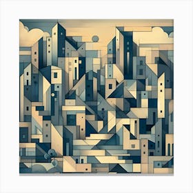 A Unique Digital Cubist Art Painting Depicting A Landscape Made Of Overlapping Geometric Planes And Shapes In Muted Bluish Hues 2 Canvas Print