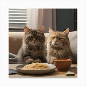Two Cats Eating Spaghetti Canvas Print
