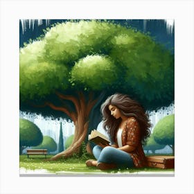 Girl Reading Under A Tree, Acrylic Painting Style 1 Canvas Print