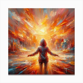 Abstract painting Of A Man In A City A stunning expressionist painting with a vibrant color palette dominated by orange, reds, and yellows. The thick, loose brushstrokes create a sense of movement and energy, with visible paint drips and spatters adding to the overall texture. The focal point is a young girl wearing a hoodie, her arms outstretched as if embracing the world. The background is a dreamlike, impressionistic landscape with distorted perspectives, showcasing a dynamic interplay of colors and shapes. The overall atmosphere is vivid, dynamic, and full of life... Canvas Print