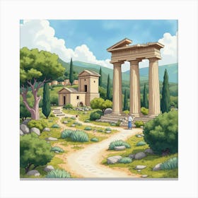 A Stunning Greek Man In Watercolor, With The Charm Of Ancient Ruins And Lush Greenery 1 Canvas Print