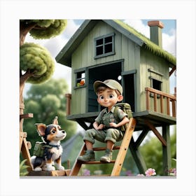 Boy And Dog In A Tree House Canvas Print