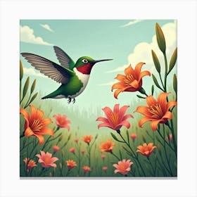 Hummingbird In A Field Of Lilies 1 Canvas Print