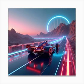 Formula Car Speeding On A Neon Lit Track Suspended Above An Alien Desert Landscape 1 Canvas Print