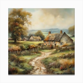 The old British countryside, a work of wall art dating back to 1960, with all its details and colours. The farm is an old oil painting in faded oil colours.6 Canvas Print