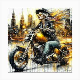 Girl On A Golden Motorcycle Canvas Print