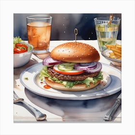 Burger On Plate On Table Watercolor Trending On Artstation Sharp Focus Studio Photo Intricate D (15) Canvas Print