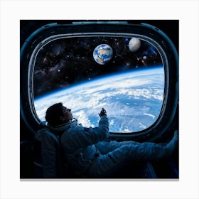 An Astronaut Floats In Zero Gravity Hands Clasped Framed By The Panoramic Viewing Window Of A Spac Canvas Print