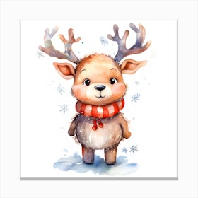 Adorable Watercolor Reindeer Illustration - Festive Winter Holiday Art Canvas Print