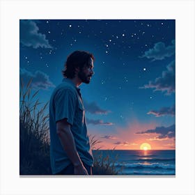 Keanu Reeves In A Peaceful Watercolor Night Scene With Glowing Stars Canvas Print