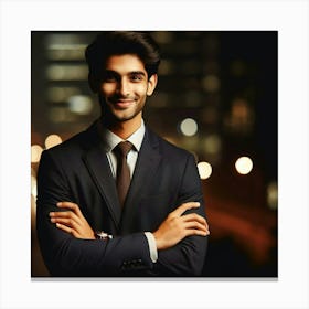 A Confident Young Businessman in a Suit and Tie is Standing with his Arms Crossed in front of an Abstract Blurred Background of City Lights at Night Canvas Print