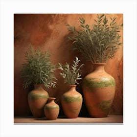 Teerracotta Vases Filled With Olive Green Plants Burnt Sienna Textured Walls Soft Lighting Canvas Print