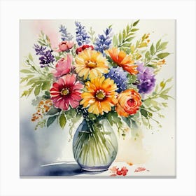 Watercolor Flowers In A Vase Canvas Print