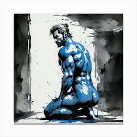 Naked muscular man in blue ink, Blue ink butt Canvas Print