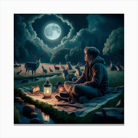 Boy In The Woods at moonlight Canvas Print