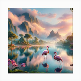 Flamingos By The Lake Canvas Print